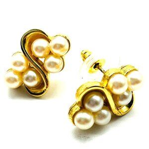 RICHELIEU Simulated Pearl Earrings Pierced Gold Tone S Curve Bridal Wedding